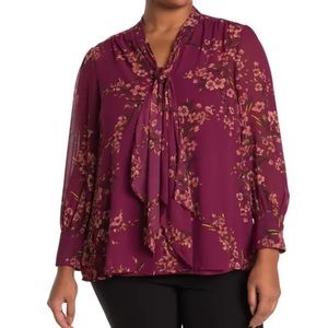 DR2 by Daniel Rainn Tie Neck Long Sleeve Floral Blouse